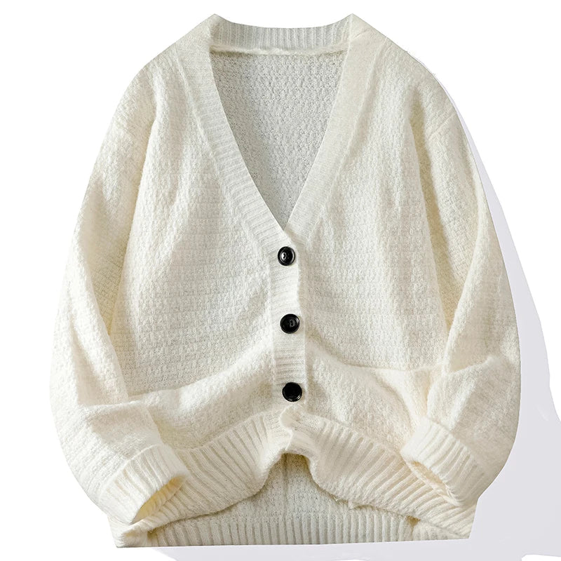 Men's soft knit cardigan relaxed fit deep V-neck chunky button front minimalist layering piece