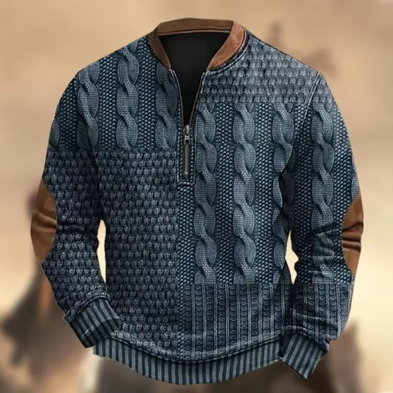 Men's lightweight zip-up hoodie with 3D cable knit print pattern, breathable casual streetwear style