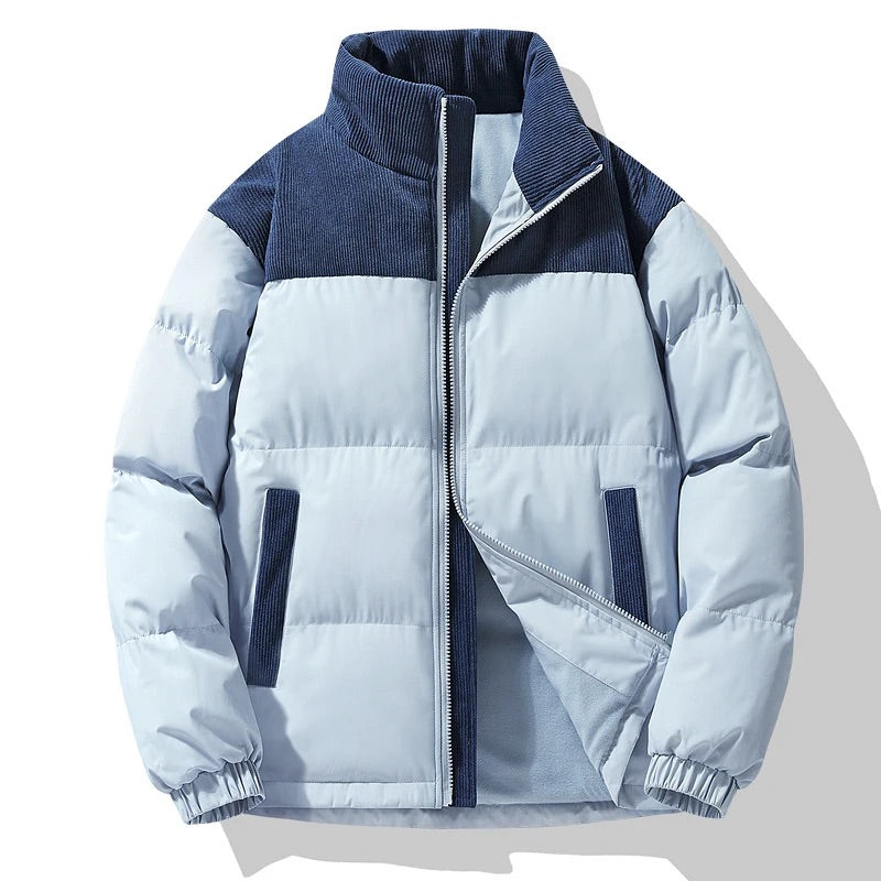 Men's quilted color block puffer jacket relaxed fit stand collar ribbed cuffs cozy warmth