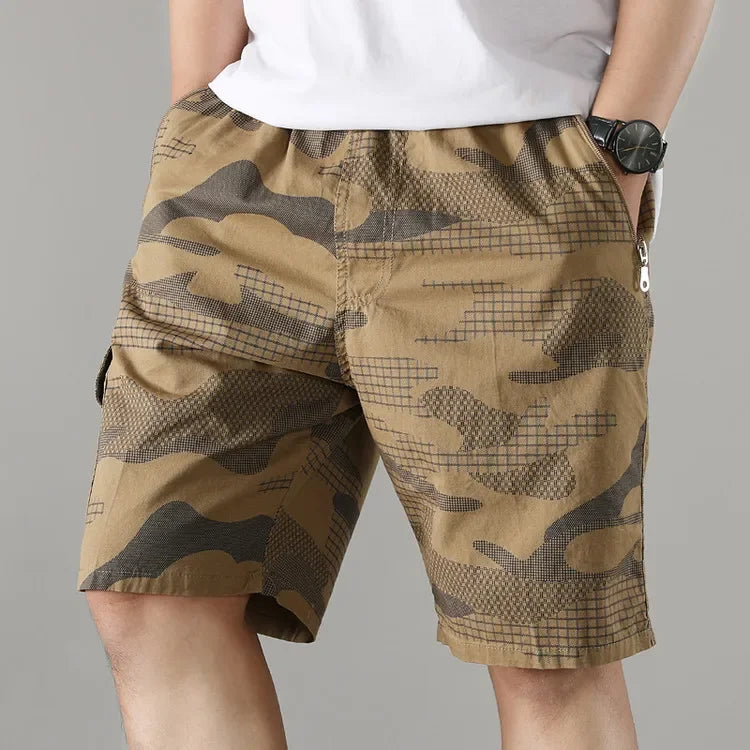Men's camo tactical shorts cotton-blend elastic waistband drawstring zip flap pockets outdoor
