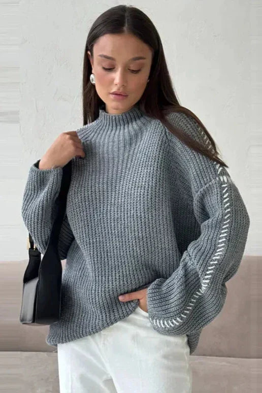 Multicolor patchwork knit jumper oversized drape mock neck flared sleeves bold contrast women