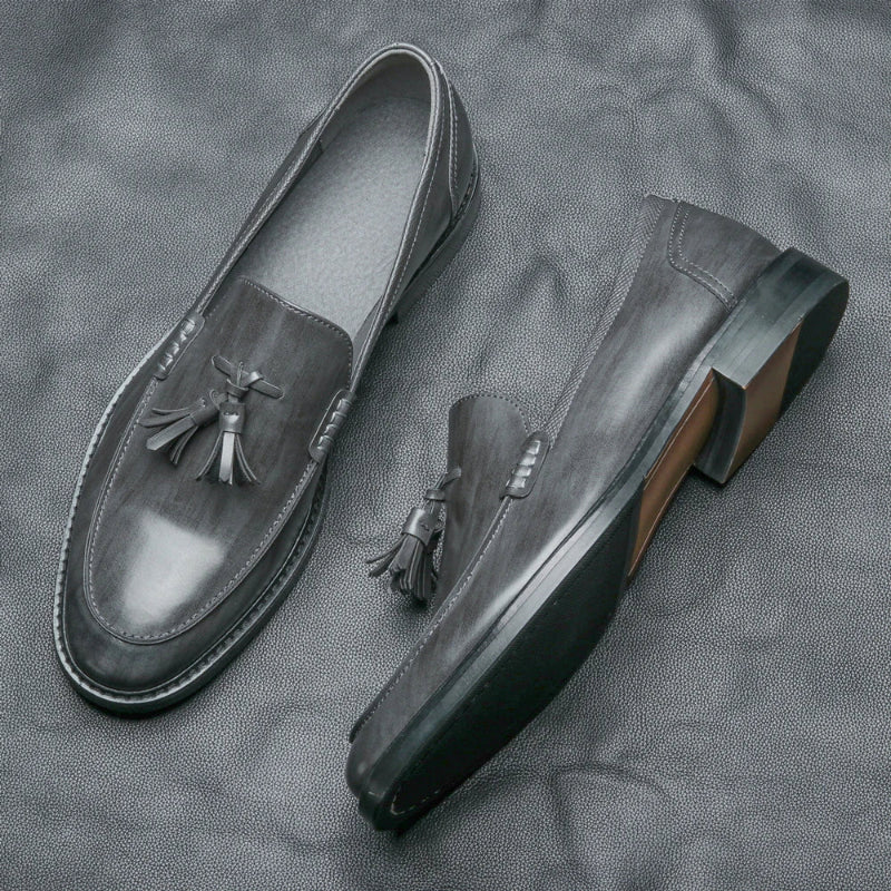 Men's gray vegan leather double tassel slip-on loafers with polished finish for dress or casual wear
