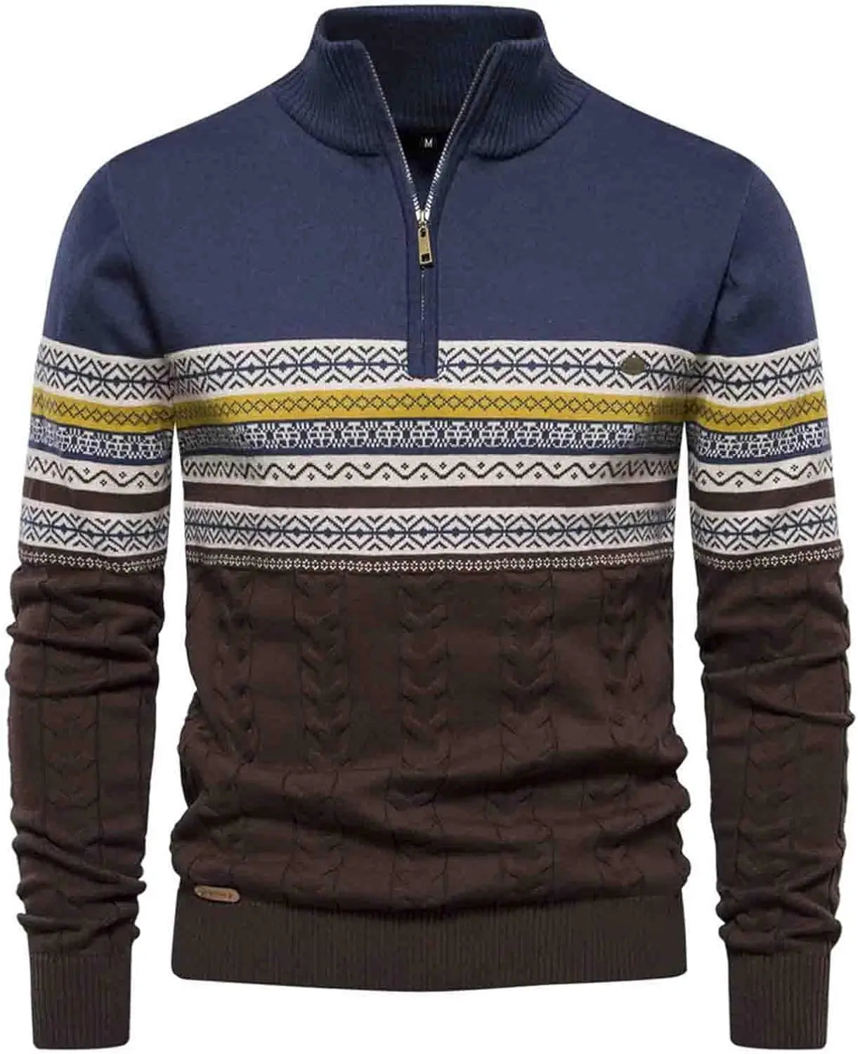 Men's olive green quarter zip sweater stand-up collar patterned knit modern casual style