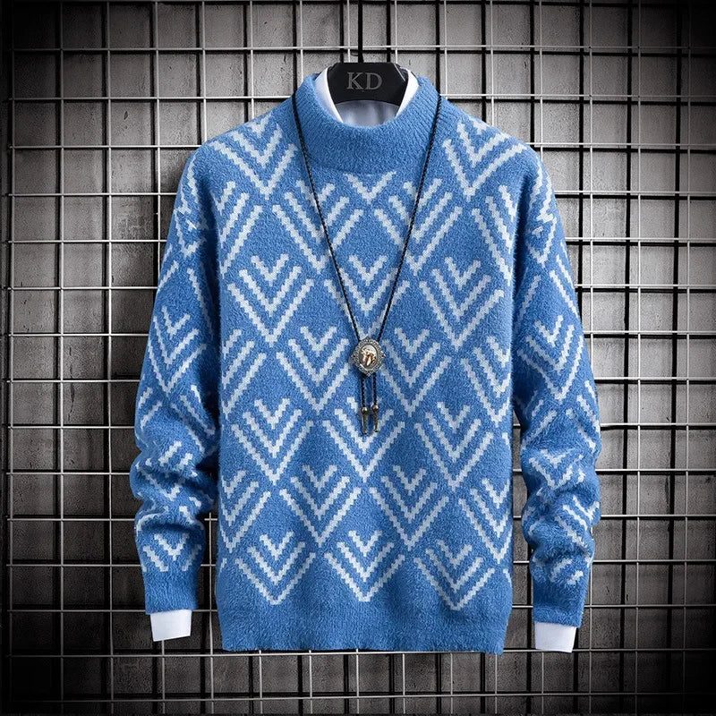 Beige chevron pattern knit sweater unisex crew neck mid-weight soft everyday essential