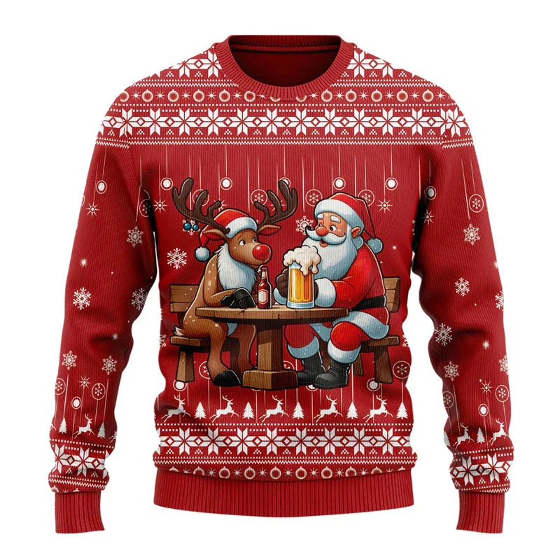 Men's red cozy Christmas sweater with funny festive holiday print, relaxed fit for winter gatherings