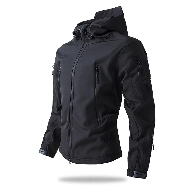 Men's navy blue softshell fleece jacket windproof slim fit with lightweight weather-resistant design
