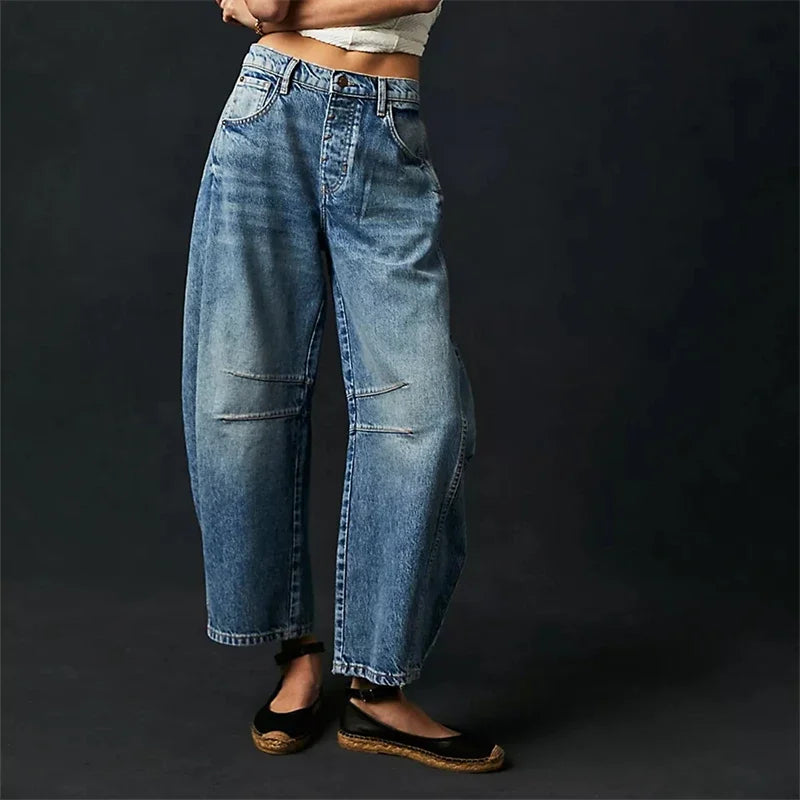 Women's boho baggy wide-leg jeans in stretch denim, relaxed bohemian silhouette with all-day comfort fit