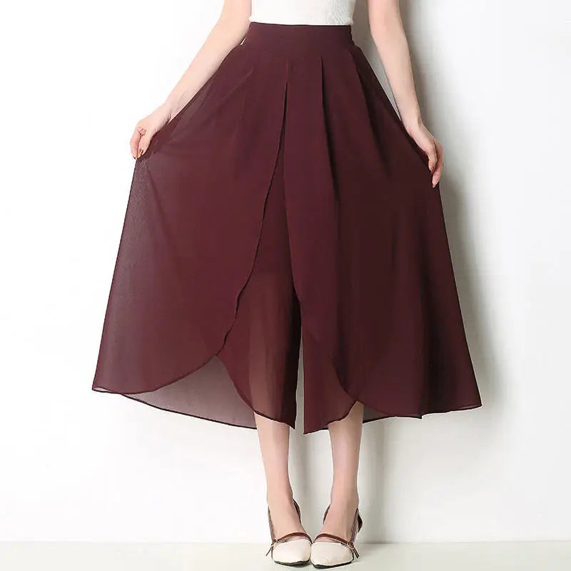 Women's draped culottes flowing layered overlap skirt-like silhouette asymmetrical panels comfortable fit