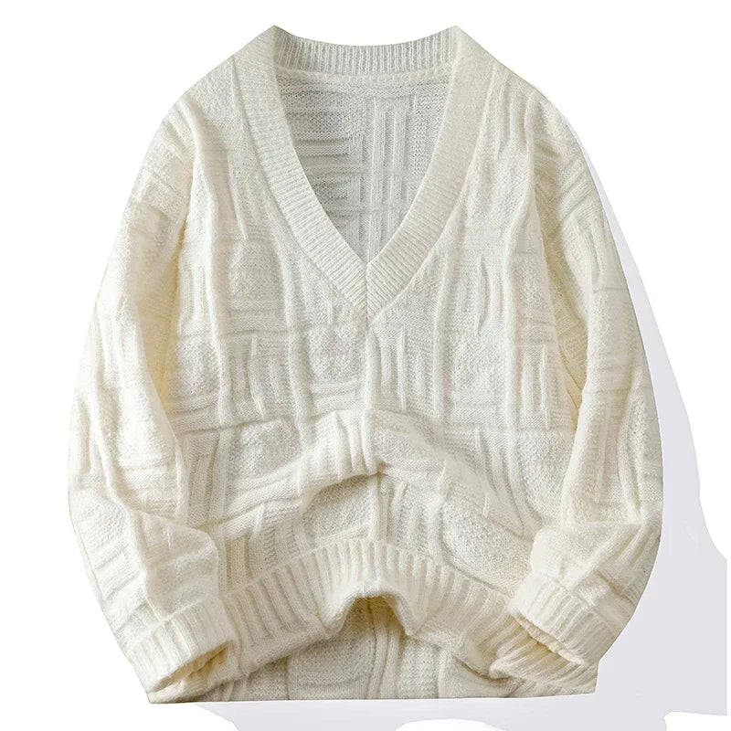 Beige textured geometric knit V-neck sweater relaxed fit unisex premium comfort layering