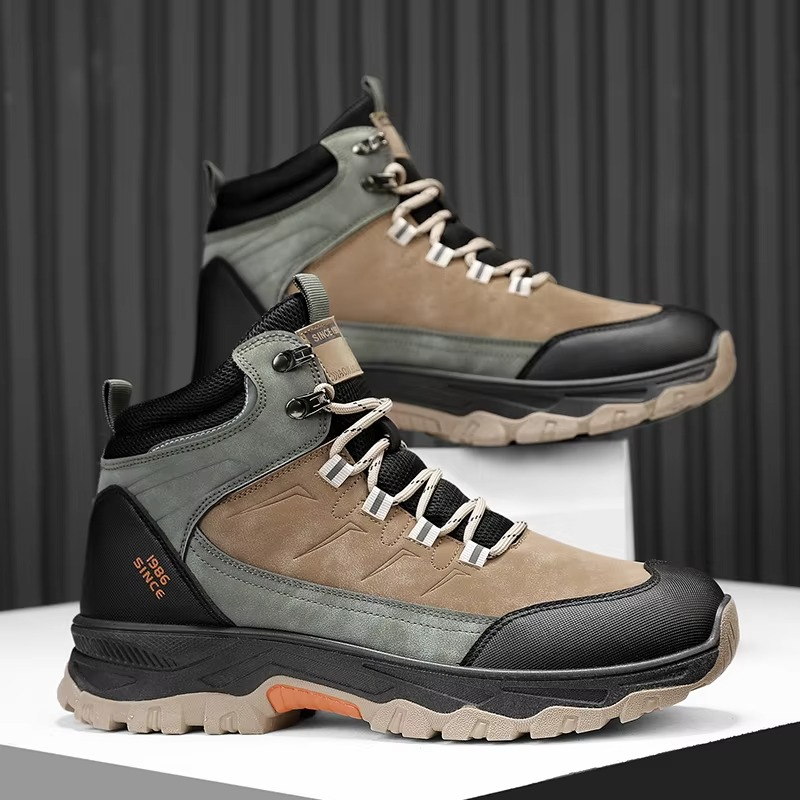Men's brown suede hiking shoes with all-terrain grip sole, rugged trail-ready design for camping