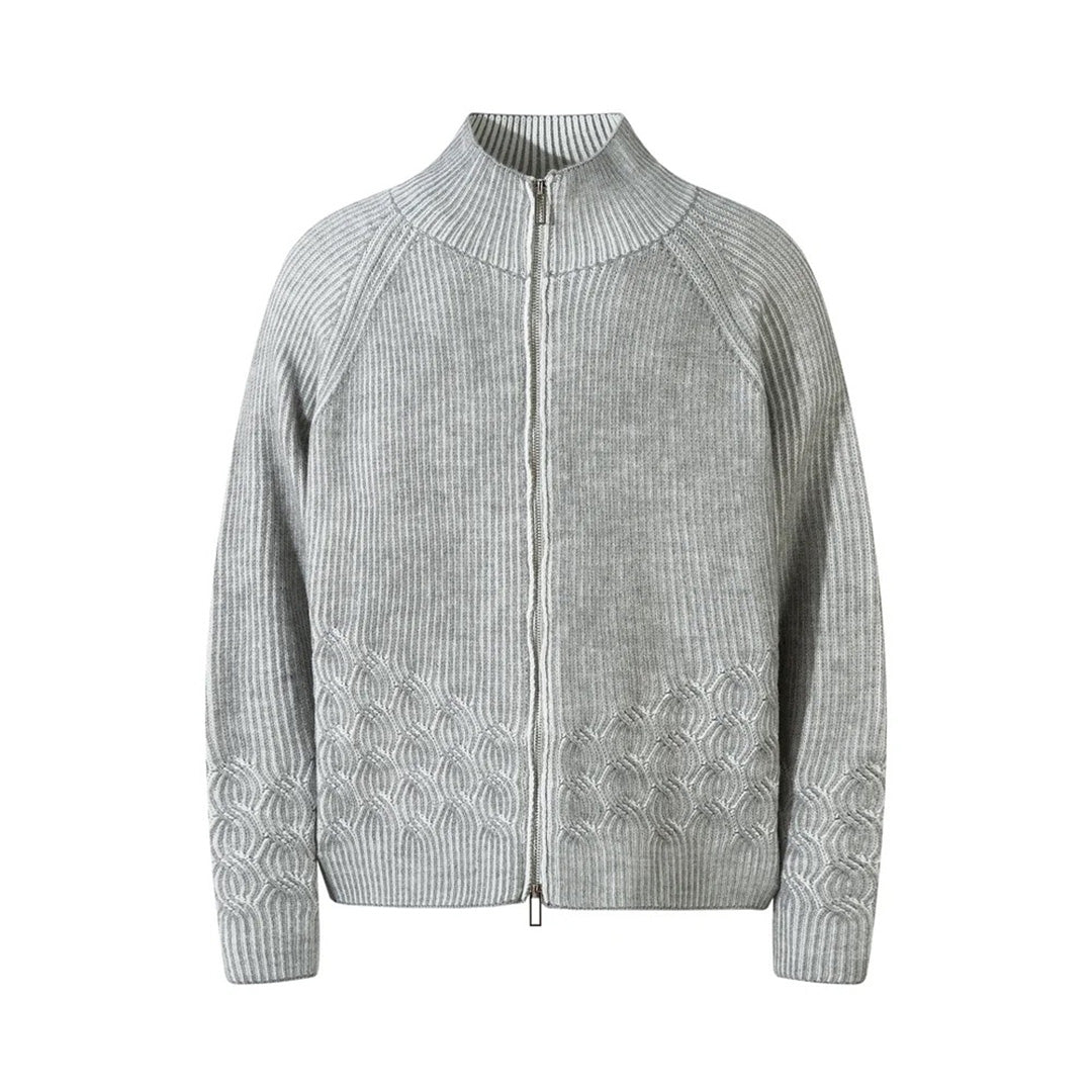 Unisex mock neck knitted sweater jacket, vertical striped wool cotton blend with zipper closure