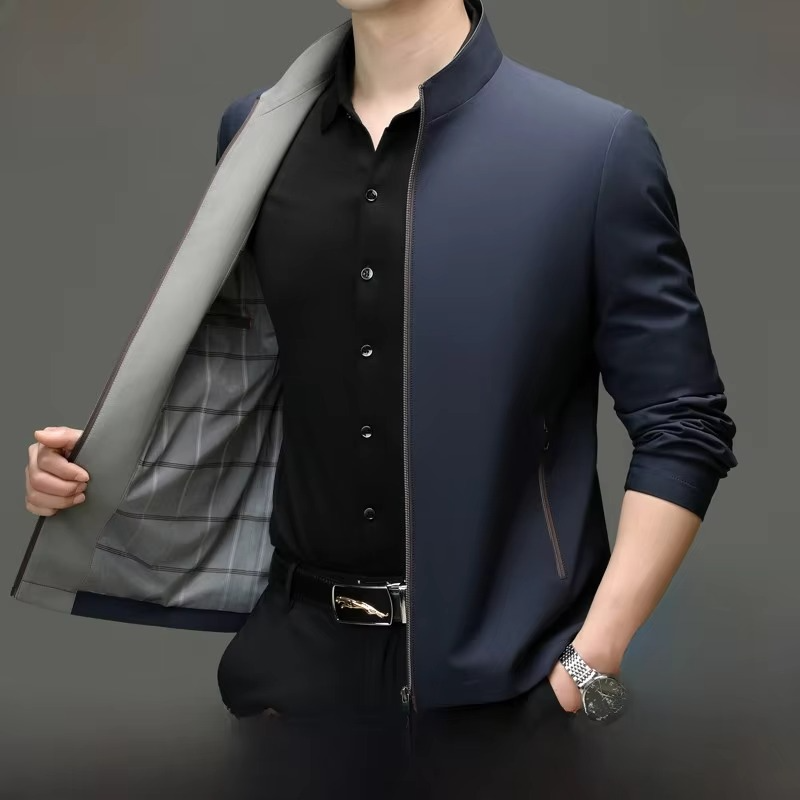 Men's silk blend loose fit jacket with straight hemline, lightweight breathable fabric for polished style