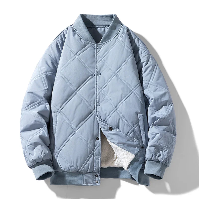 Men's black fleece-lined bomber jacket with diamond quilted exterior and snap pockets for insulated warmth