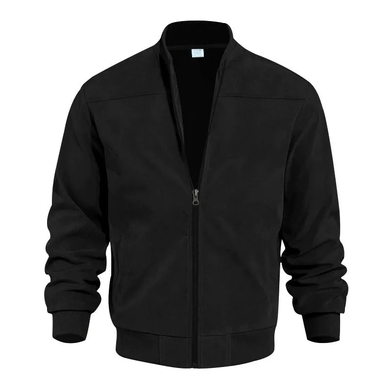 Men's brown suede bomber jacket with ribbed detailing and modern classic silhouette for everyday wear