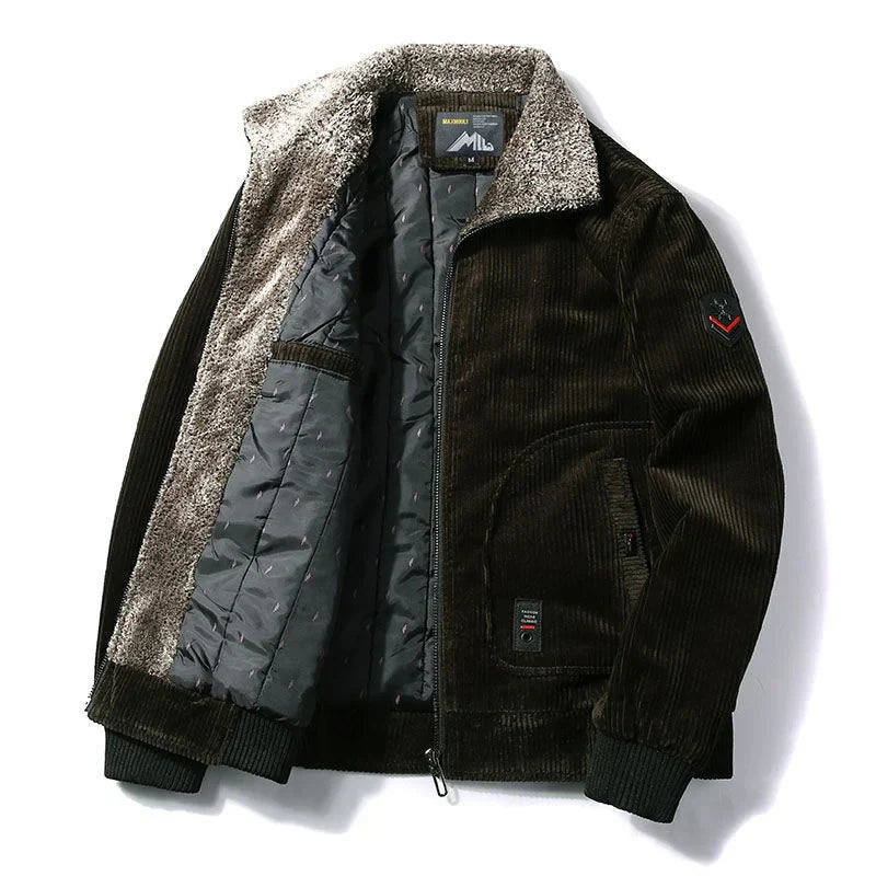 Men's brown aviator thermal jacket with plush fur lined collar, ribbed cuffs, and warm insulation
