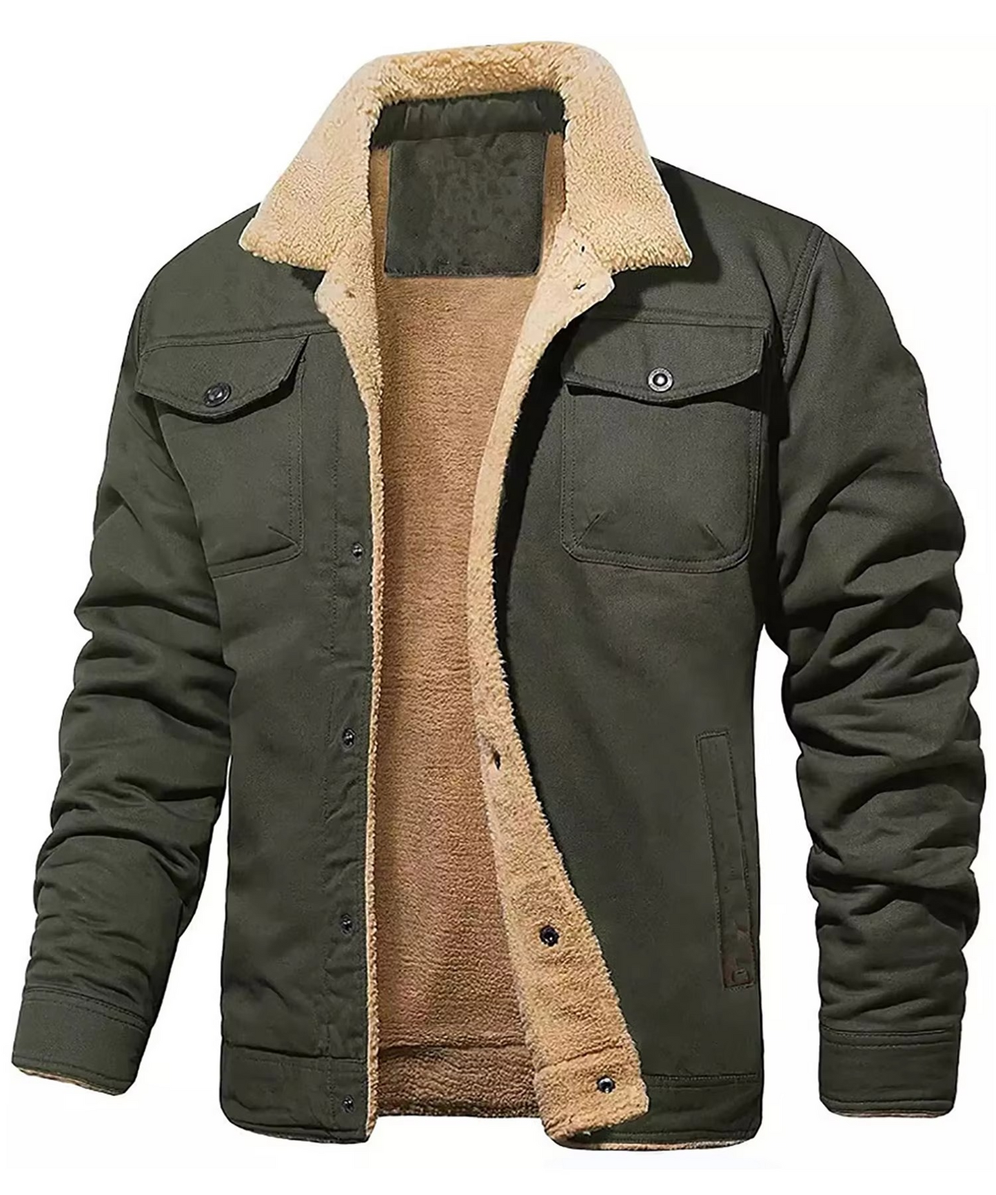 Men's insulated winter jacket with faux shearling fleece lining, casual cozy coat for cold weather