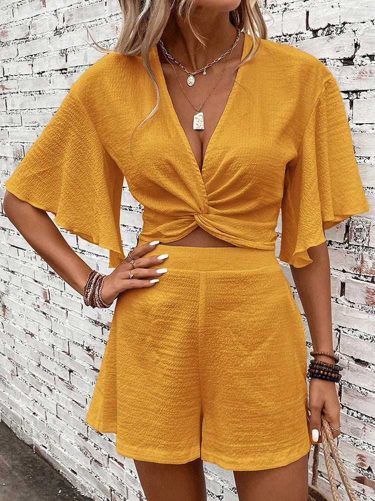 Sunny | Women's Two Piece Set Twist Crop Top Flutter Sleeve Shorts
