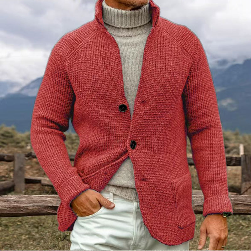Men's chunky knit cardigan neutral tone button-front oversized silhouette thick textured winter sweater