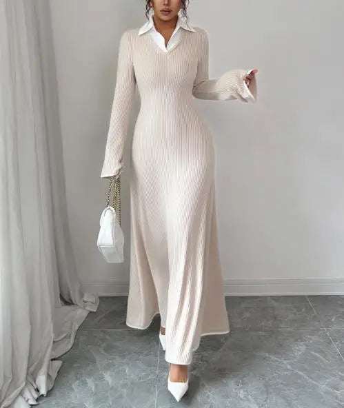 Collared V-neck ribbed knit maxi dress slim-fit silhouette in timeless neutral tones for women