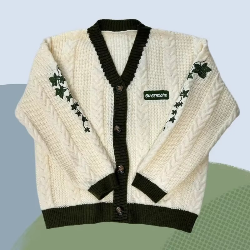 Women's autumn red maple leaf embroidered midweight knit cardigan with cozy seasonal charm