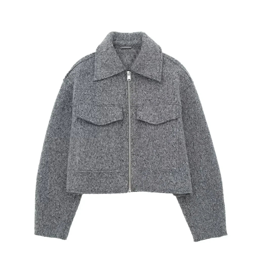 Unisex tailored jacket with front zip, vintage lapel collar, structured fit for urban style