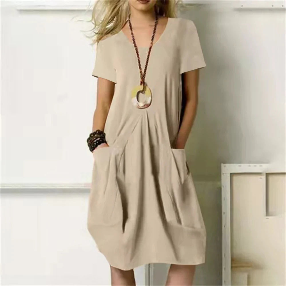 Sharon women's relaxed fit cotton-linen blend summer dress, breathable pull-on silhouette for warm days