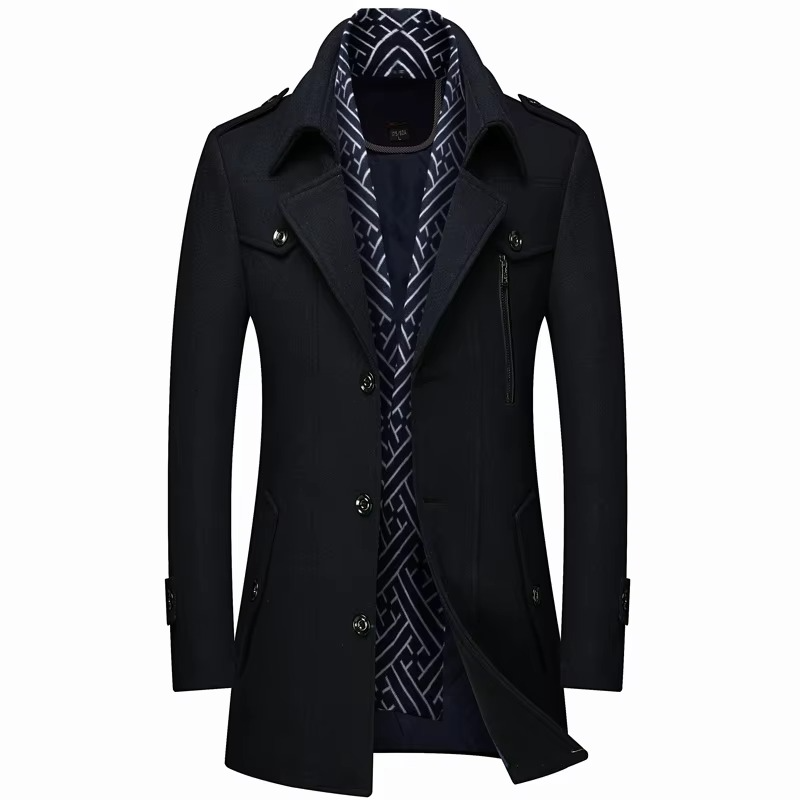 Men's wool blend mid-length winter overcoat with scarf collar in classic dark tone, padded warm fit