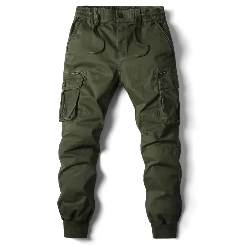 Men's relaxed fit cargo pants in neutral tones with multiple secure pockets for work and travel