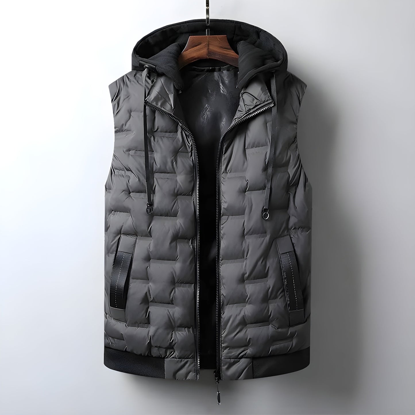 Men's black lightweight insulated hooded vest grid quilt pattern detachable hood urban streetwear