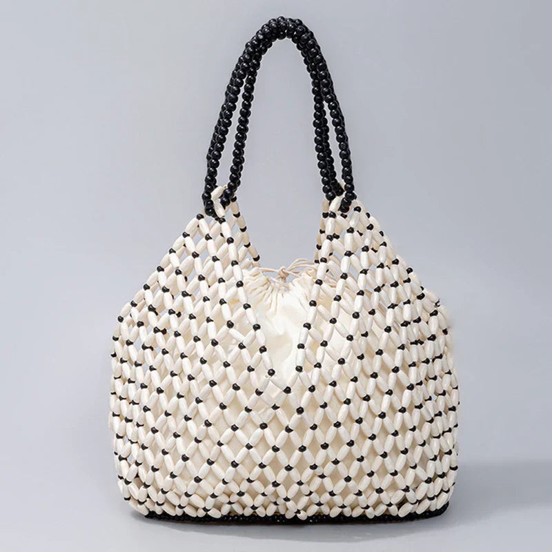 Urbann-Vibe Ava woven tote bag natural wooden beaded handcrafted summer handbag for women