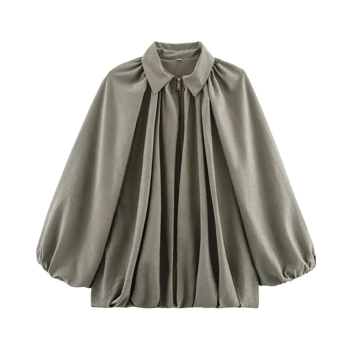 Women's loose fit bomber jacket with long puff sleeves, zip front closure, oversized streetwear style