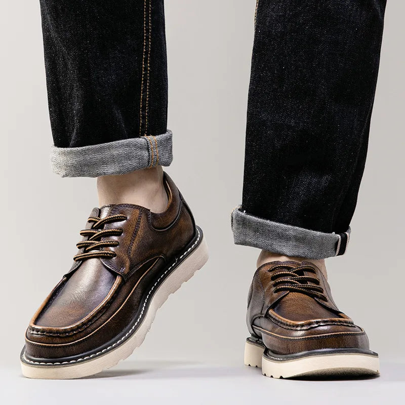 Men's burnished genuine leather lace-up loafers in classic brown, low-profile business casual style