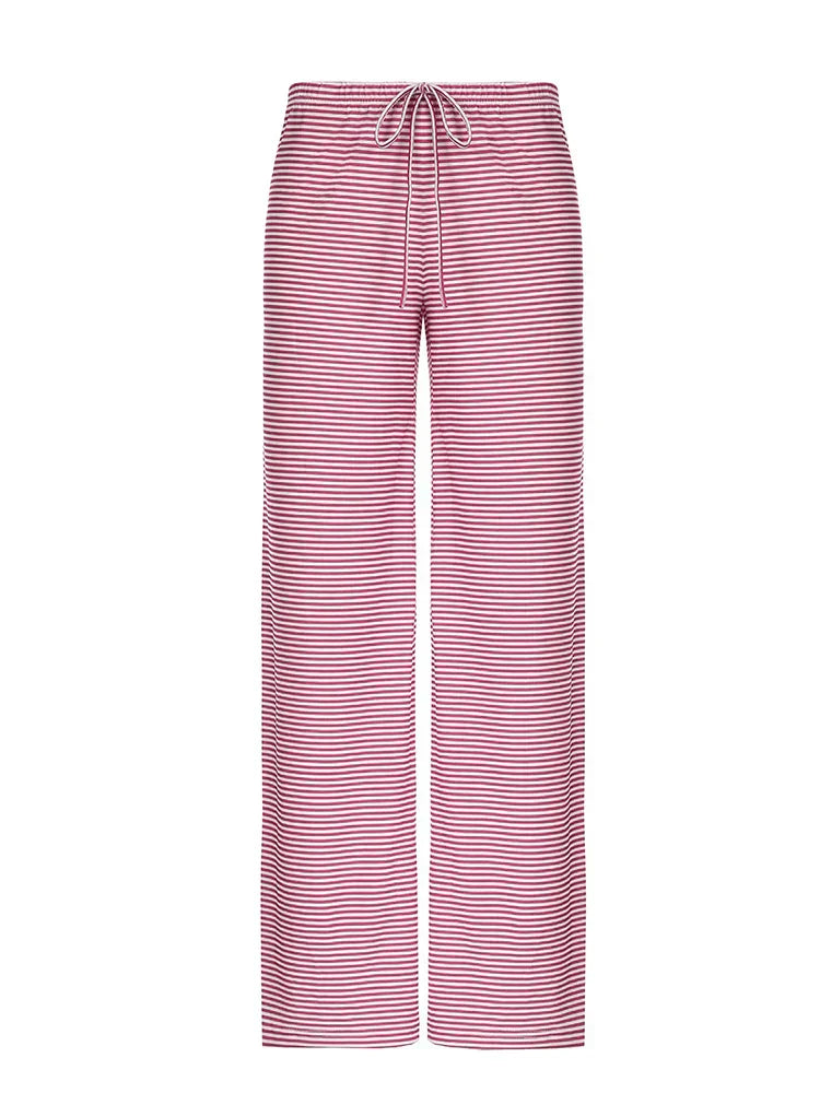 Women's wide-leg high-waist striped pants lightweight cotton blend casual travel trousers