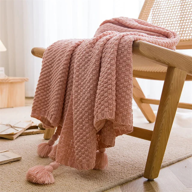 Ivory handknit Nordic throw blanket ultra-soft breathable tassel-trimmed cozy bed couch accent