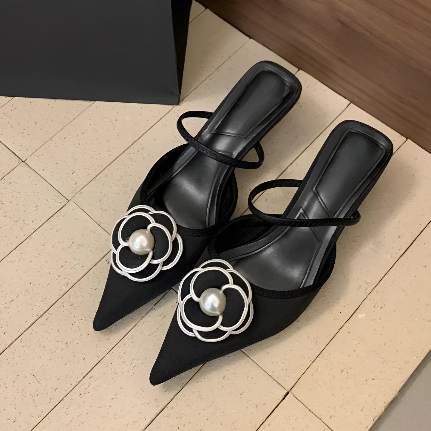 Urbann-Vibe Elise Étoile women's mule pump with floral pearl accent, mid-heel elegant boardroom style