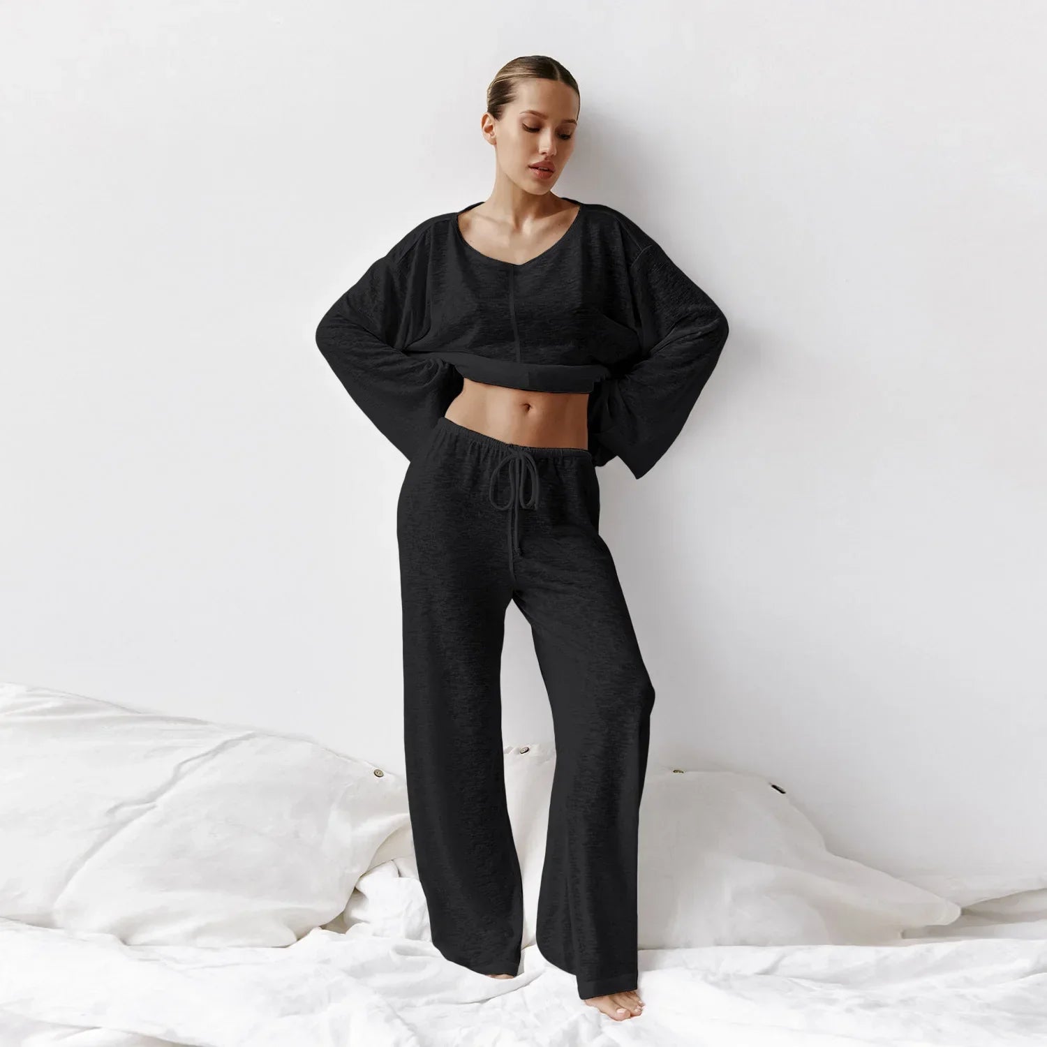 Mara women's lightweight loungewear two-piece set round neck top and ankle pants breathable fabric