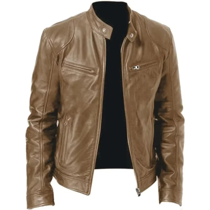 Men's black slim fit PU leather motorcycle jacket with stand collar and wind-resistant design