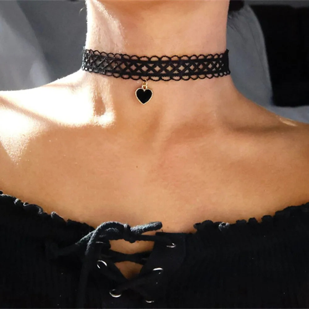 Wednesday gothic lace choker with heart pendant, adjustable length, delicate pearl accents for women