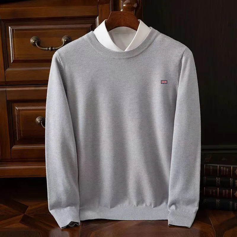 Lightweight crewneck knit sweater in smooth fine-knit texture, unisex minimalist layering essential