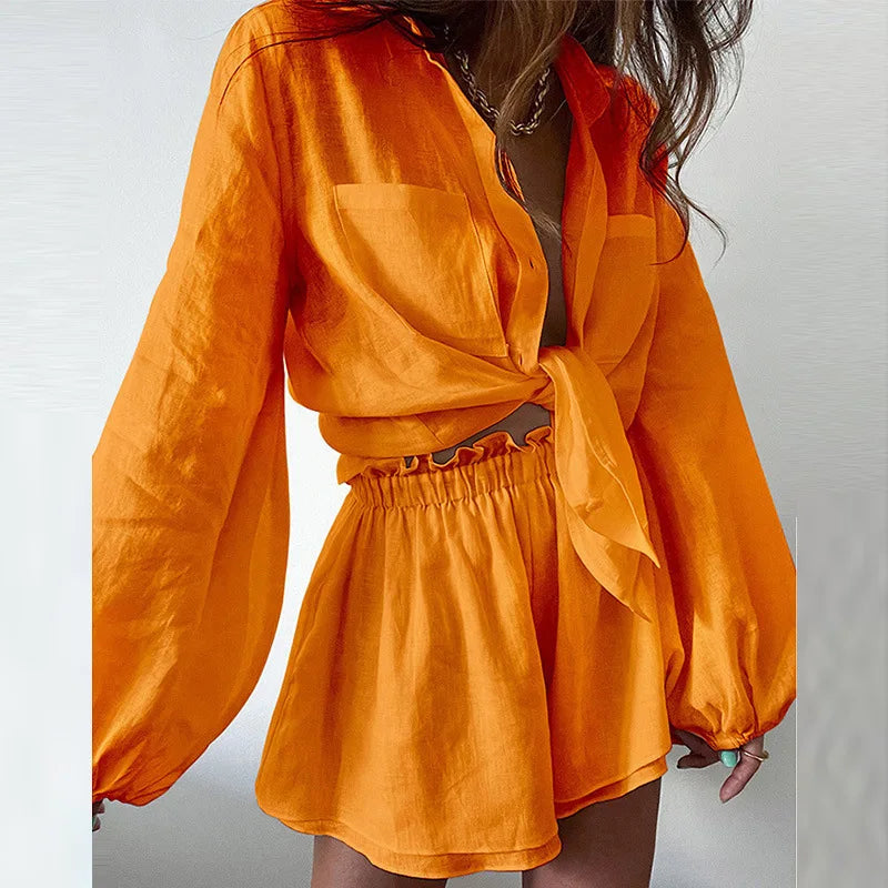 Women's linen two-piece set tie-front long sleeve shirt high waisted shorts breezy summer vacation