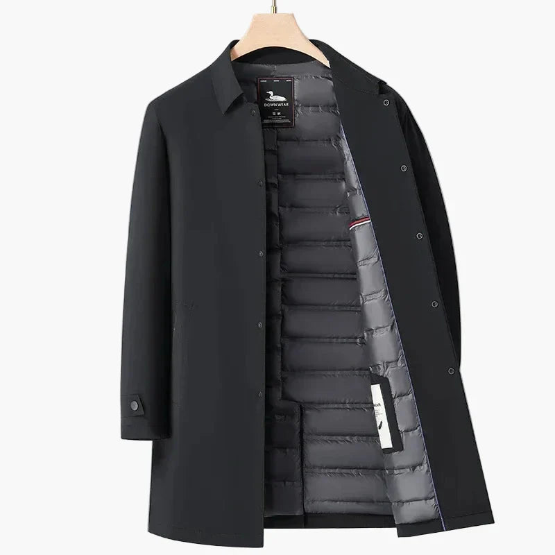 Men's navy slim-fit transitional jacket with stand-up collar and concealed placket for city wear