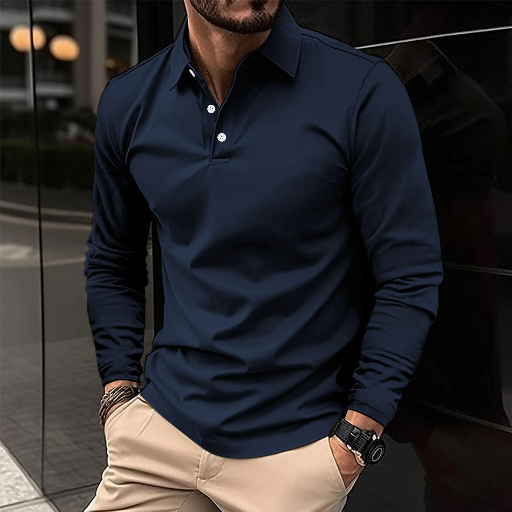 Navy blue tailored men's long sleeve polo shirt slim fit classic collar three-button placket
