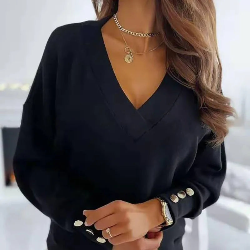 Elegant women's V-neck knit jumper flattering tailored fit sustainable style versatile casual semi-formal