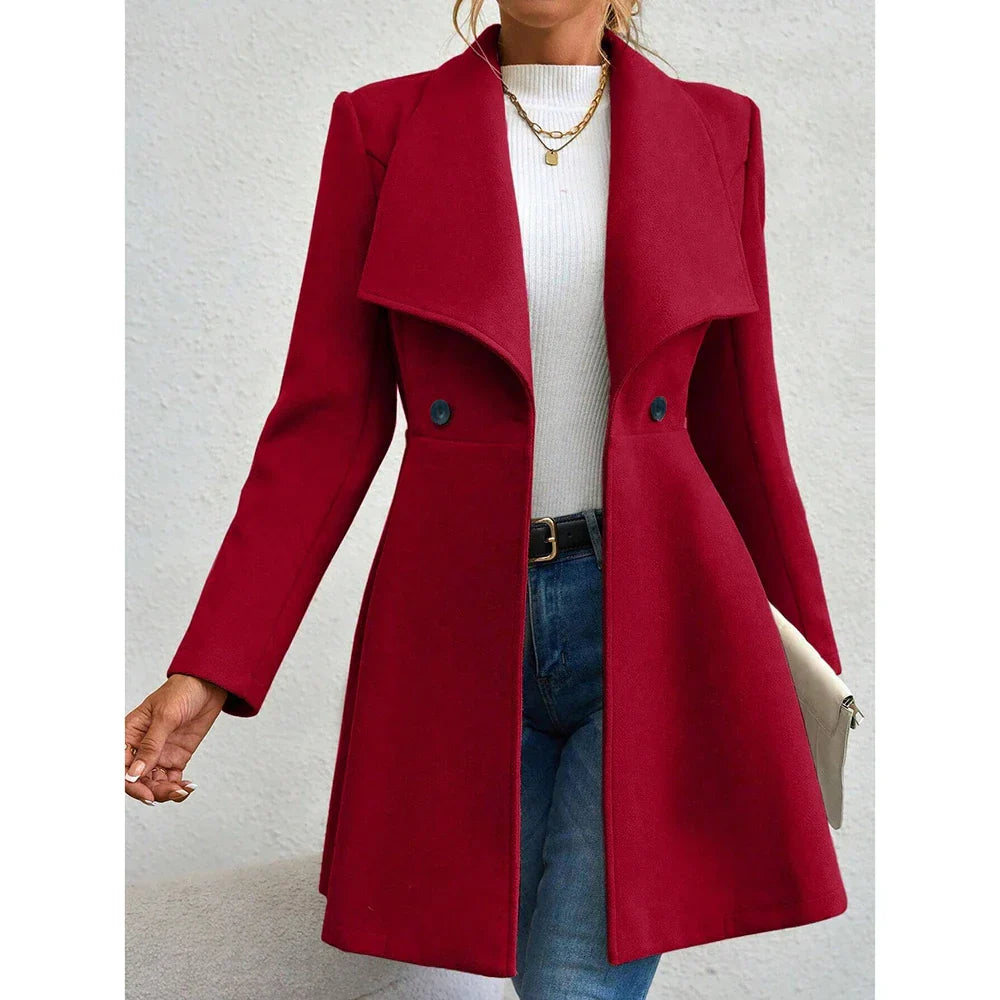 Tailored longline coat for women, polished silhouette, structured open-front design, perfect for city professionals