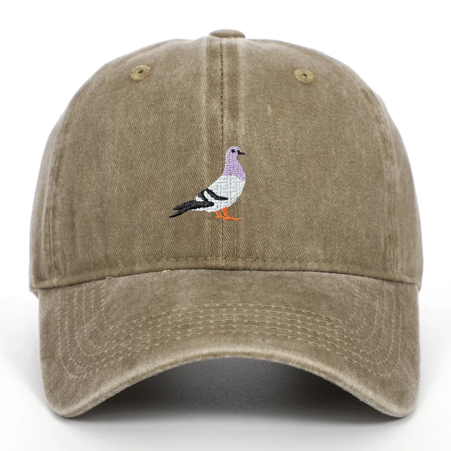 Washed cotton unisex cap in vintage tones with embroidered pigeon motif and adjustable fit