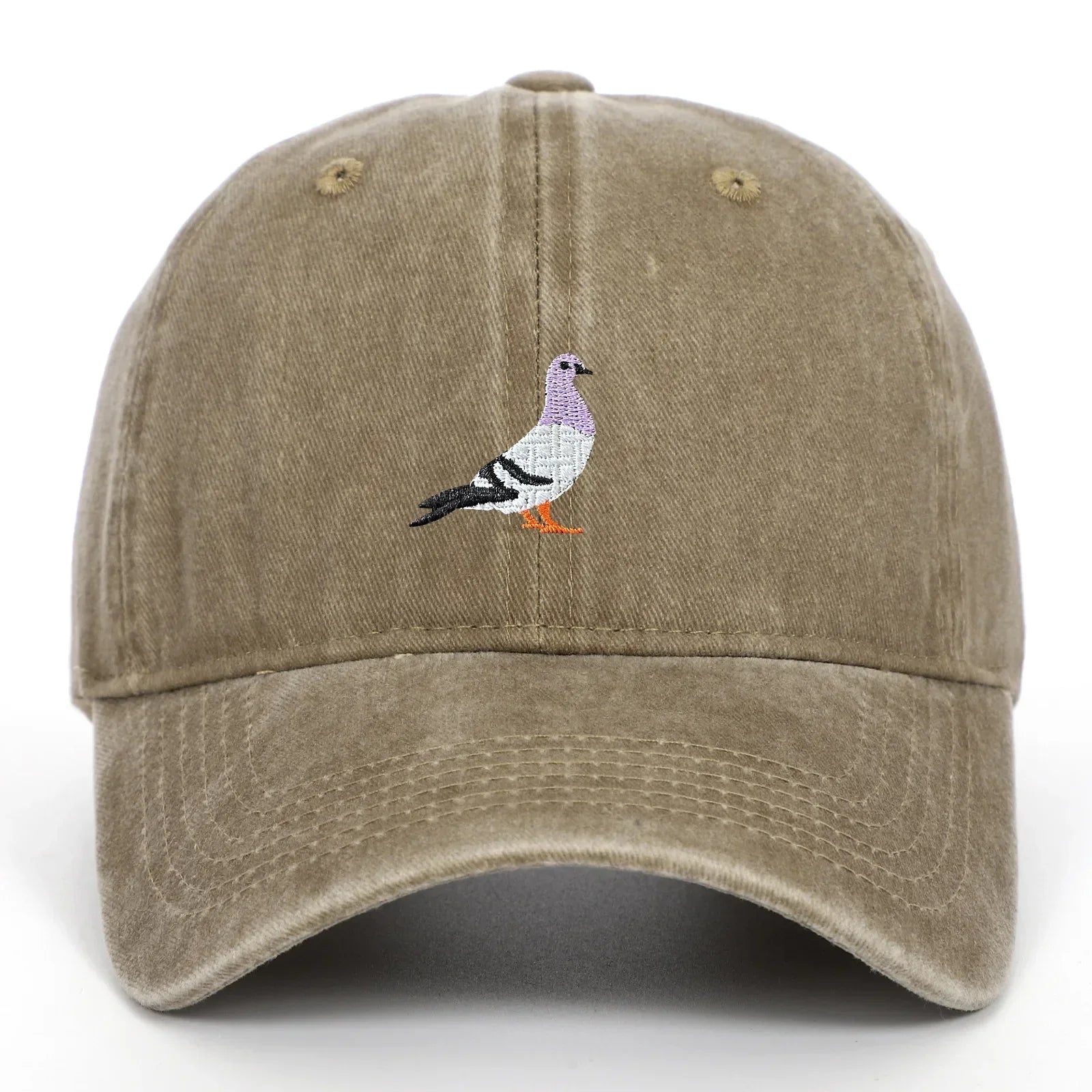 Washed cotton unisex cap in vintage tones with embroidered pigeon motif and adjustable fit
