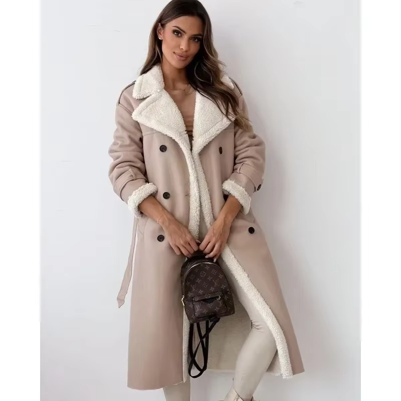 Women's plush faux fur winter coat with elegant lapel collar, cozy long-sleeve warmth for cold weather