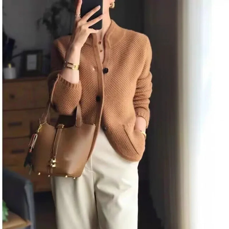 Women's soft-knit lightweight cardigan with half-neck turtleneck in modern flattering silhouette