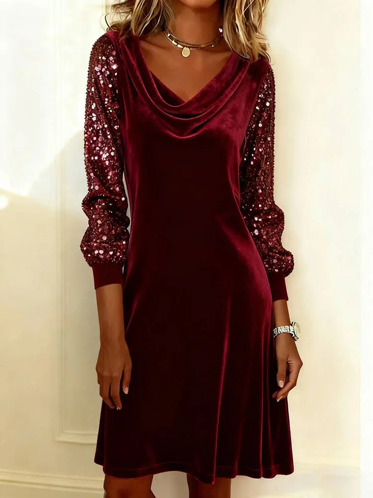 Women's midi dress with sequin sleeves, draped neckline, fluid silhouette for elegant eveningwear