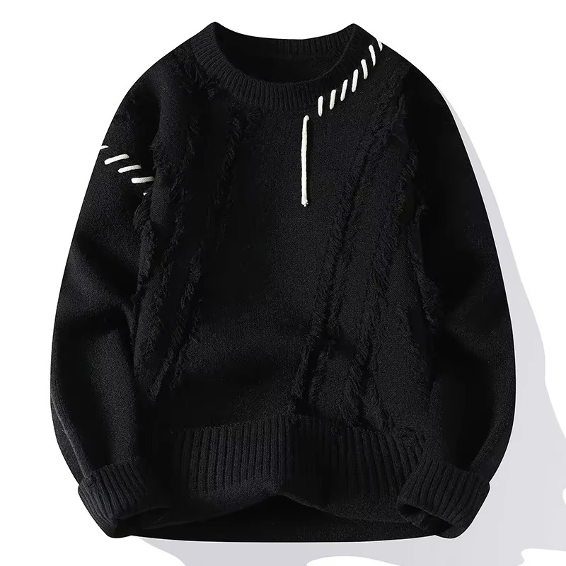 Men's ripped knit sweater pullover in streetwear style with distressed detailing for fall winter